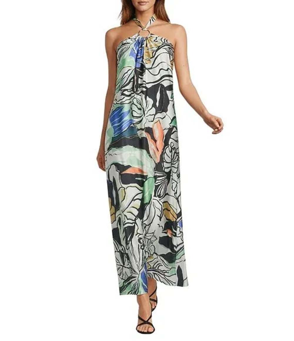 ELAN Botanical Print O-Ring Halter Maxi Dress, Small